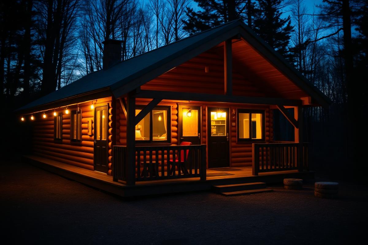 A wooden lodge at Belchamps at dusk
